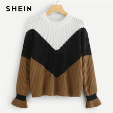 Load image into Gallery viewer, SHEIN Multicolor Ruffle Flounce Sleeve Colorblock Chevron Jumper 2018 Autumn Winter Long Sleeve Round Neck Casual  Jumper