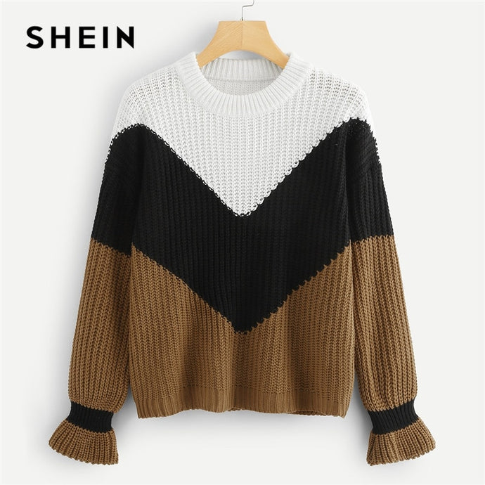 SHEIN Multicolor Ruffle Flounce Sleeve Colorblock Chevron Jumper 2018 Autumn Winter Long Sleeve Round Neck Casual  Jumper