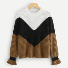 Load image into Gallery viewer, SHEIN Multicolor Ruffle Flounce Sleeve Colorblock Chevron Jumper 2018 Autumn Winter Long Sleeve Round Neck Casual  Jumper