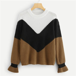 SHEIN Multicolor Ruffle Flounce Sleeve Colorblock Chevron Jumper 2018 Autumn Winter Long Sleeve Round Neck Casual  Jumper