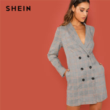 Load image into Gallery viewer, SHEIN Grey Elegant Office Lady Shawl Collar Double Breasted Plaid  Long Sleeve Coat 2018 Autumn Workwear Women Coats Outerwear