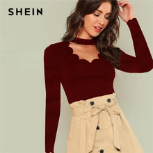 Load image into Gallery viewer, SHEIN BurgundyWorkwear Elegant Scallop Trim Solid V Neck Long Sleeve Skinny Tee 2018 New Autumn Minimalist Women T shirt And Top