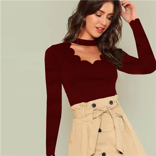 SHEIN BurgundyWorkwear Elegant Scallop Trim Solid V Neck Long Sleeve Skinny Tee 2018 New Autumn Minimalist Women T shirt And Top