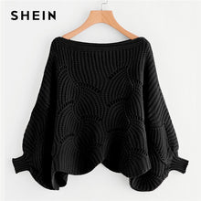 Load image into Gallery viewer, SHEIN Black Preppy Solid Oversized Eyelet Detail Scallop Trim Batwing Sleeve Boat Neck Sweater 2018 Autumn Casual Women Sweaters