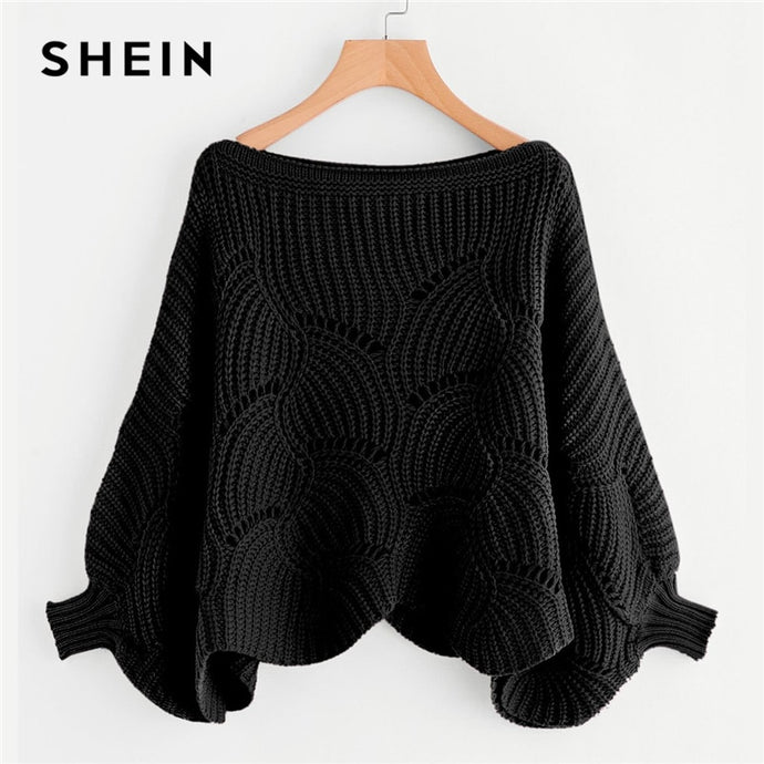 SHEIN Black Preppy Solid Oversized Eyelet Detail Scallop Trim Batwing Sleeve Boat Neck Sweater 2018 Autumn Casual Women Sweaters