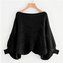 Load image into Gallery viewer, SHEIN Black Preppy Solid Oversized Eyelet Detail Scallop Trim Batwing Sleeve Boat Neck Sweater 2018 Autumn Casual Women Sweaters