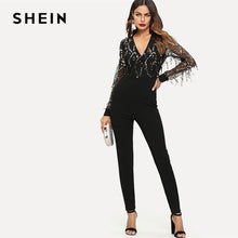 Load image into Gallery viewer, SHEIN Black Highstreet Sequin Embellished Mesh Sleeve Fitted Long Sleeve Skinny Jumpsuit Autumn Fashion Party Women Jumpsuits