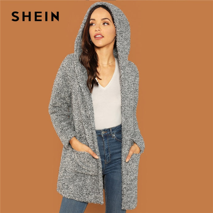 SHEIN Grey Casual Solid Hooded Pocket Patched Marled Teddy Jacket Autumn Campus Going Out Women Coat And Outerwear