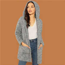 Load image into Gallery viewer, SHEIN Grey Casual Solid Hooded Pocket Patched Marled Teddy Jacket Autumn Campus Going Out Women Coat And Outerwear