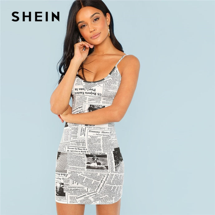 SHEIN Black and White Graphic Print Bodycon Cami Spaghetti Strap Bodycon Dress Women 2018 Summer Flounce Sleeve Elegant Dress