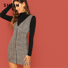 Load image into Gallery viewer, SHEIN Weekend Casual Coffee Deep V Neck Zipper Up Fitted Shell Sleeveless Sheath Plaid Dress Women Autumn Elegant Dress