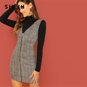 SHEIN Weekend Casual Coffee Deep V Neck Zipper Up Fitted Shell Sleeveless Sheath Plaid Dress Women Autumn Elegant Dress