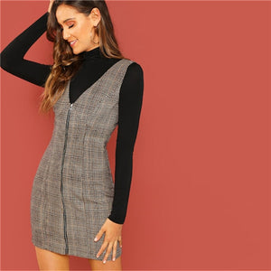 SHEIN Weekend Casual Coffee Deep V Neck Zipper Up Fitted Shell Sleeveless Sheath Plaid Dress Women Autumn Elegant Dress