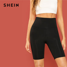 Load image into Gallery viewer, SHEIN Black Casual Solid Crop Wide Waistband Cycling Short Leggings Summer Modern Lady Women Pants Trousers