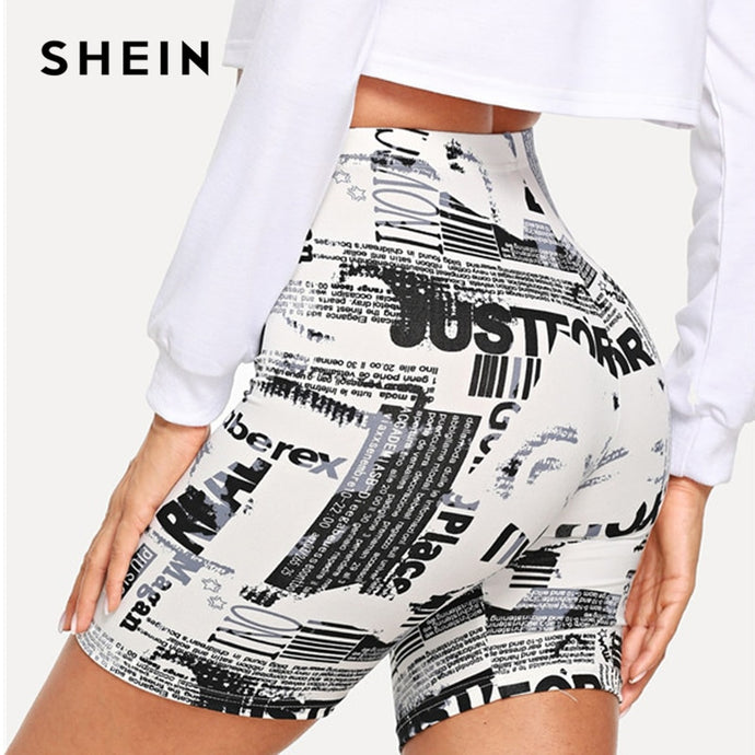 SHEIN Modern Lady Black and White Allover Letter Print Cycling Crop Short Leggings 2018 Summer Modern Lady Women Pants Trousers