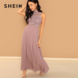 SHEIN Pink Guipure Lace Overlay Bodice Maxi Dress Elegant Plain Stand Collar Sleeveless Party Dresses Women Autumn A Line Dress