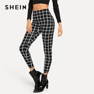 SHEIN Black Wide Waist Plaid Leggings Elegant Office Lady Skinny Women Autumn Workwear Highstreet Minimalist Leggings