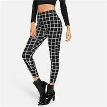 Load image into Gallery viewer, SHEIN Black Wide Waist Plaid Leggings Elegant Office Lady Skinny Women Autumn Workwear Highstreet Minimalist Leggings