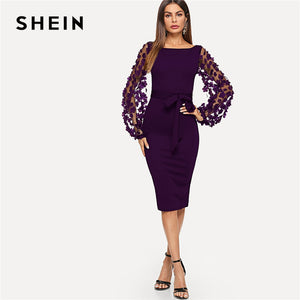 SHEIN Purple Party Elegant Solid Flower Applique Mesh Sleeve Form Fitting Skinny Pencil Dress Autumn Office Lady Women Dresses