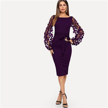 Load image into Gallery viewer, SHEIN Purple Party Elegant Solid Flower Applique Mesh Sleeve Form Fitting Skinny Pencil Dress Autumn Office Lady Women Dresses