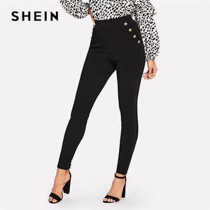 SHEIN Black Office Lady Elegant Solid Pocket Button Detail High Waist Skinny Carrot Pants Autumn Fashion Workwear Women Trousers