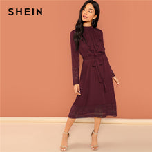 Load image into Gallery viewer, SHEIN Burgundy Elegant Solid Belted Pleated Ruffle Trim Contrast Lace Long Sleeve Dress Autumn OL Workwear Women Dresses