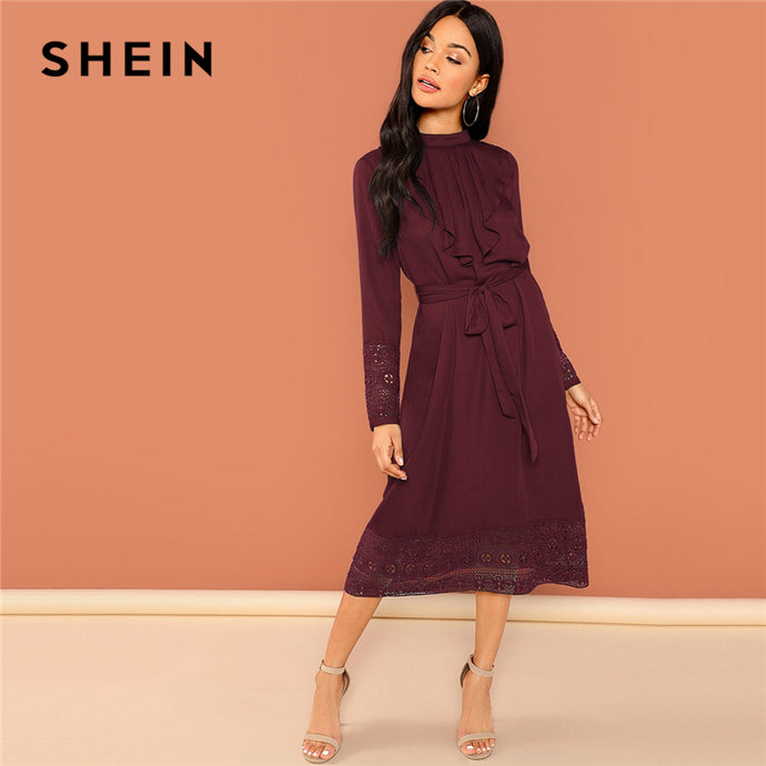 SHEIN Burgundy Elegant Solid Belted Pleated Ruffle Trim Contrast Lace Long Sleeve Dress Autumn OL Workwear Women Dresses