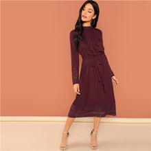 Load image into Gallery viewer, SHEIN Burgundy Elegant Solid Belted Pleated Ruffle Trim Contrast Lace Long Sleeve Dress Autumn OL Workwear Women Dresses