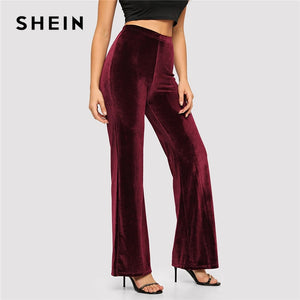 SHEIN Burgundy High Waist Straight Leg Pants Solid Long Trousers Office Lady 2018 Women Autumn Elegant Casual Workwear Pants