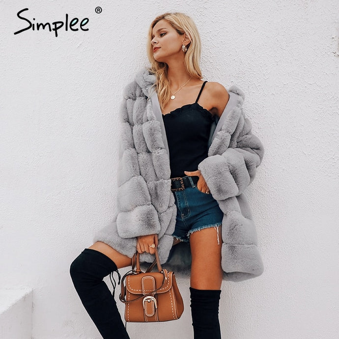 Simplee Vintage fluffy hoodie faux fur coat women Winter grey jacket coat female Plus size warm long casual outerwear overcoat