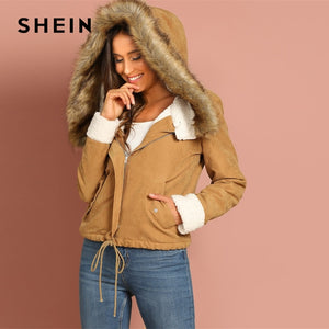 SHEIN Khaki Casual Drawstring Hem Pocket Faux Fur Zipper Up Hooded Jacket Autumn Thermal Leisure Women Coat And Outerwear