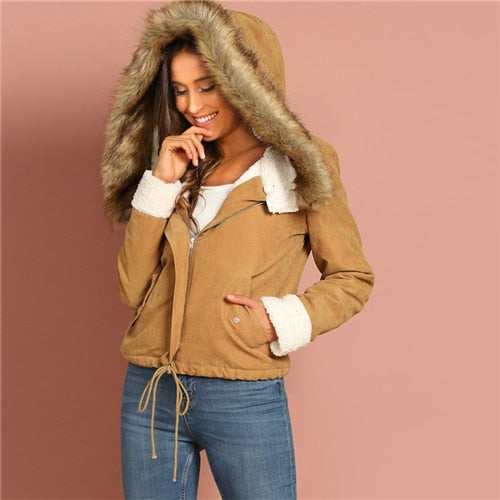 SHEIN Khaki Casual Drawstring Hem Pocket Faux Fur Zipper Up Hooded Jacket Autumn Thermal Leisure Women Coat And Outerwear