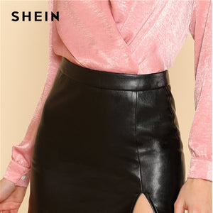 SHEIN Black Sexy Split Front Faux Leather Above Knee Short Plain Mid Waist Sheath Skirt Elegant Office Lady Solid Short Skirts