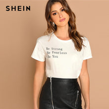 Load image into Gallery viewer, SHEIN Highstreet White Rolled Up Sleeve Be Fearless Print Pullovers Tee 2018 Autumn Casual Women Modern Lady Tshirt Top