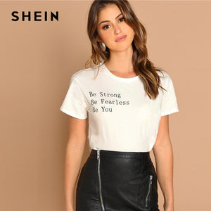 SHEIN Highstreet White Rolled Up Sleeve Be Fearless Print Pullovers Tee 2018 Autumn Casual Women Modern Lady Tshirt Top