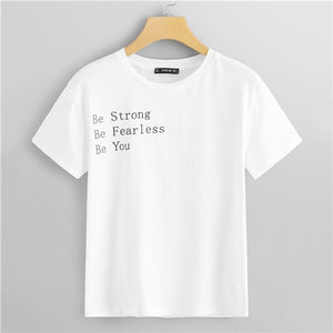 SHEIN Highstreet White Rolled Up Sleeve Be Fearless Print Pullovers Tee 2018 Autumn Casual Women Modern Lady Tshirt Top