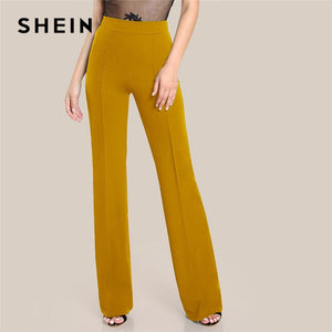 SHEIN Ginger High Rise Piped Pants Elegant Wide Leg Zipper Fly Plain Workwear Trousers Women Stretchy Highstreet Autumn Pants