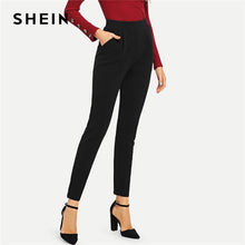 Load image into Gallery viewer, SHEIN Black Pocket Side Skinny Pants Workwear Elastic Waist Plain Trousers Women Autumn Casual  High Waist Elegant Pants