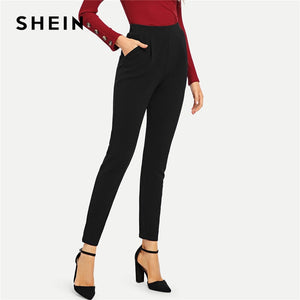 SHEIN Black Pocket Side Skinny Pants Workwear Elastic Waist Plain Trousers Women Autumn Casual  High Waist Elegant Pants