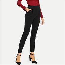 Load image into Gallery viewer, SHEIN Black Pocket Side Skinny Pants Workwear Elastic Waist Plain Trousers Women Autumn Casual  High Waist Elegant Pants