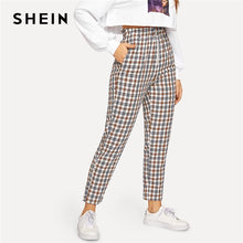 Load image into Gallery viewer, SHEIN Multicolor Exposed Zip Fly Plaid Peg Straight Leg High Waist Cotton Fringe Pants 2018 Autumn Casual Workwear Trousers