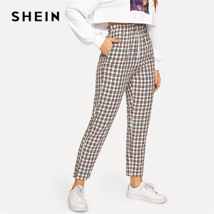 SHEIN Multicolor Exposed Zip Fly Plaid Peg Straight Leg High Waist Cotton Fringe Pants 2018 Autumn Casual Workwear Trousers