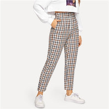 Load image into Gallery viewer, SHEIN Multicolor Exposed Zip Fly Plaid Peg Straight Leg High Waist Cotton Fringe Pants 2018 Autumn Casual Workwear Trousers