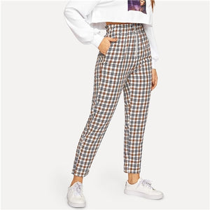 SHEIN Multicolor Exposed Zip Fly Plaid Peg Straight Leg High Waist Cotton Fringe Pants 2018 Autumn Casual Workwear Trousers