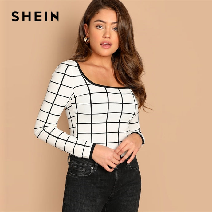 SHEIN White Contrast Binding Grid Scoop Neck Slim Fit Long Sleeve Tee 2019 Spring Casual Women Modern Lady Highstreet Tshirt Top