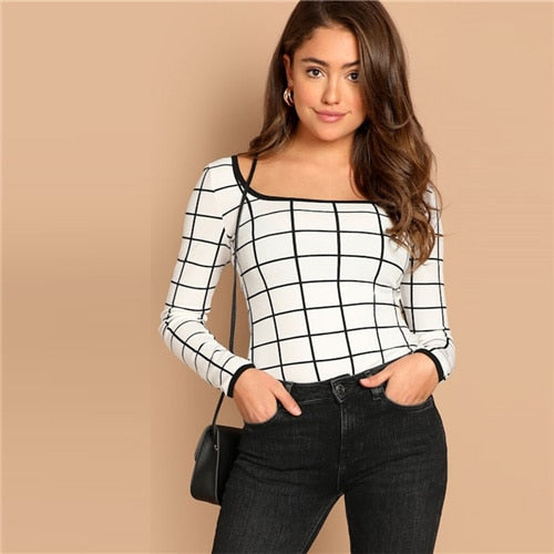 SHEIN White Contrast Binding Grid Scoop Neck Slim Fit Long Sleeve Tee 2019 Spring Casual Women Modern Lady Highstreet Tshirt Top