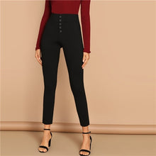 Load image into Gallery viewer, SHEIN Black Buttoned Fly Skinny Plain Pants Highstreet Solid Slim Crop 2019 Women Casual Streetwear Winter Leggings