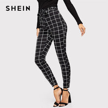 Load image into Gallery viewer, SHEIN Black Skinny Grid Pants With Belt Elastic Waist Mid Waist Tapered/Carrot Work Trousers Women Autumn Workwear Pants