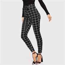 Load image into Gallery viewer, SHEIN Black Skinny Grid Pants With Belt Elastic Waist Mid Waist Tapered/Carrot Work Trousers Women Autumn Workwear Pants