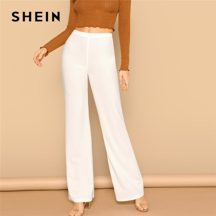 SHEIN White High Waist Straight Leg Pants Office Lady Elastic Waist Long Trousers 2019 Women Spring Plain Workwear Pants